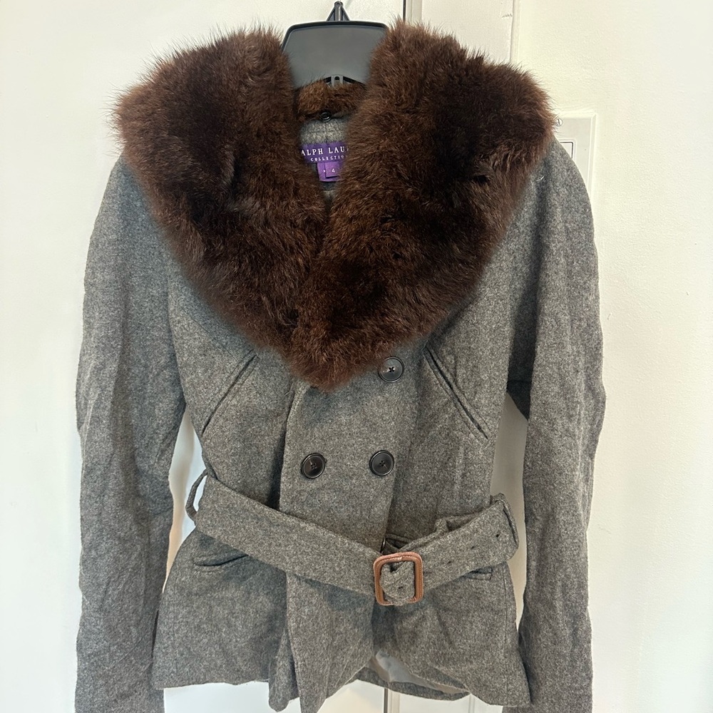 Ralph Lauren Gray Cashmere Jacket with Brown Fur Collar